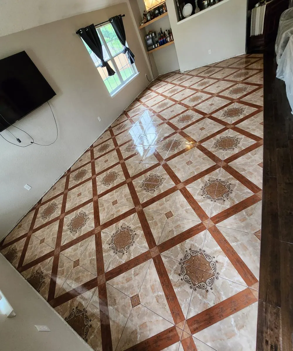 Diamond-pattern floor with inlaid medallions