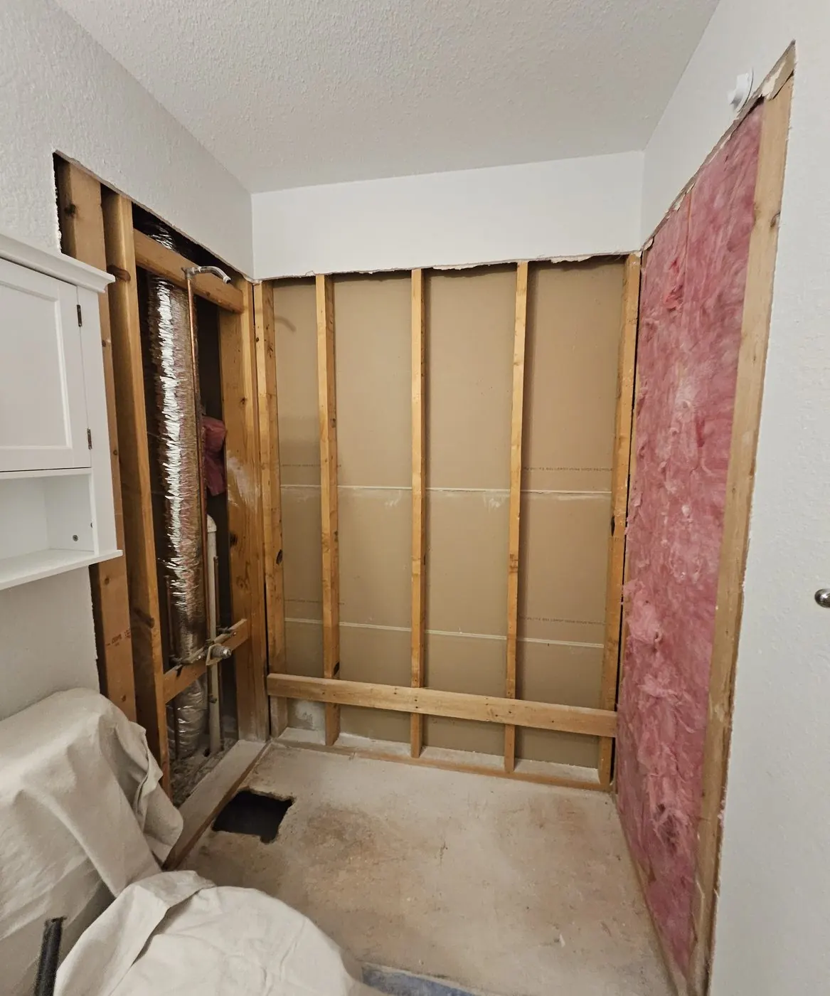 Shower walls opened to the studs during demolition