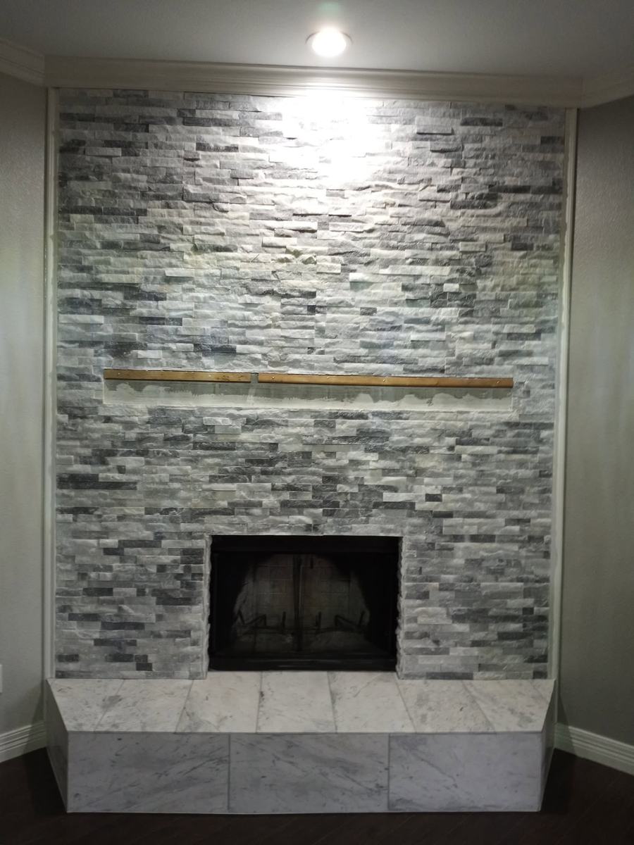 Stacked-stone fireplace surround