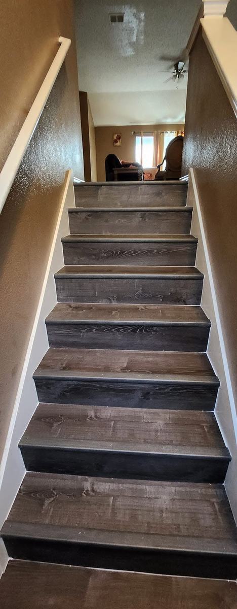 Wood-look tile stairs